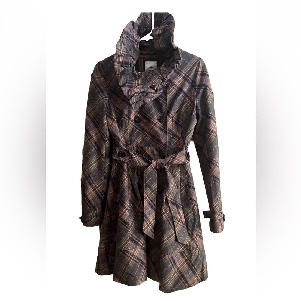 Anthropologie Elevenses Brown Puckered plaid trench coat jacket size 6 - Picture 4 of 9